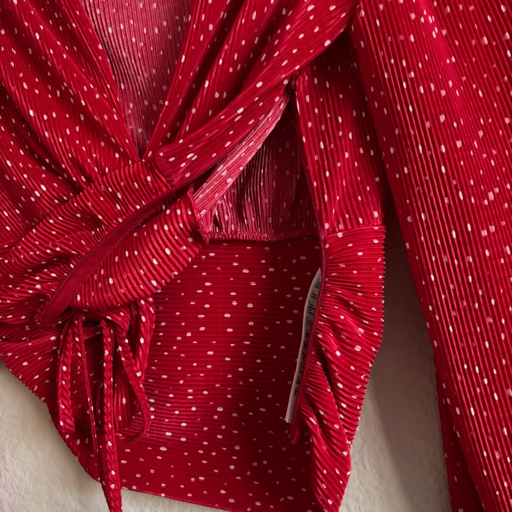 New Maje Red rouge Ruched cropped polka dot Blouse size 1 small top women’s - Picture 11 of 14